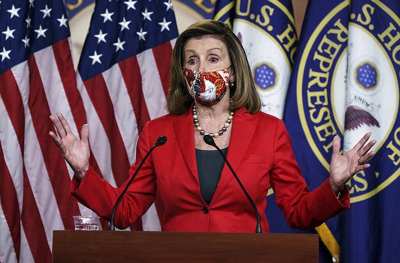 House Speaker Nancy Pelosi, D-Calif., talks to reporters Friday, Nov. 6, 2020, at the Capitol in Washington about the impact of the election on the political landscape in Congress.