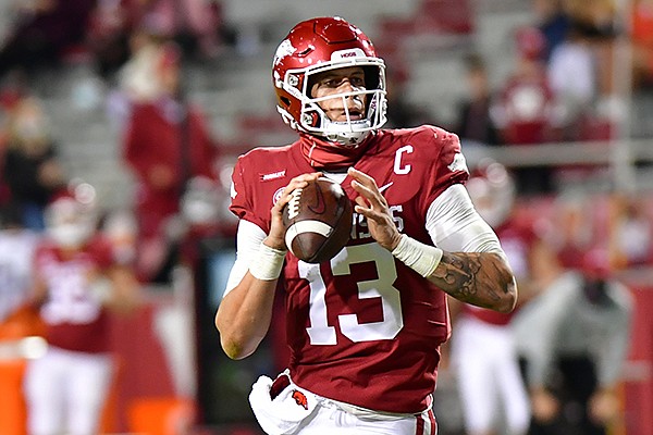 Arkansas quarterback Feleipe Franks (13) looks to pass during a game against Tennessee on Saturday, Nov. 7, 2020, in Fayetteville. 