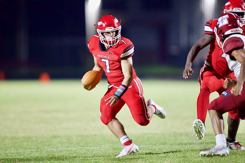 Magnolia sophomore QB Dalen Blanchard picks up yards Friday against Hope. He had 7 carries for 102 yards and a touchdown. He also threw a TD pass. In three consecutive wins, Magnolia’s flexbone offense is averaging 49.2 points per game and 324.0 yards rushing.