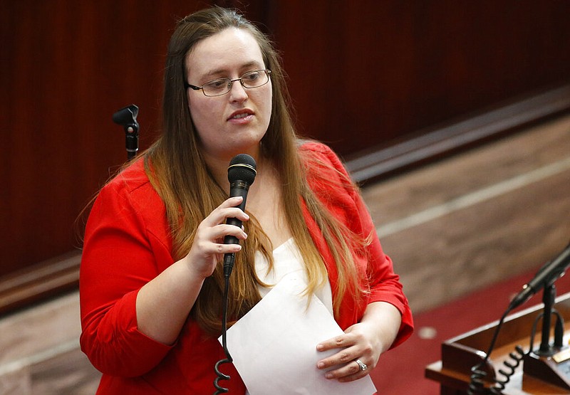FILE - In this Feb. 1, 2018, file photo, Oklahoma state Dem. Sen. Allison Ikley-Freeman speaks during her swearing-in ceremony in Oklahoma City. Ikley-Freeman has been charged with first-degree manslaughter after authorities say she was speeding when her vehicle skidded off a rain-slickened interstate and crashed into a man whose vehicle was disabled, killing him. (AP Photo/Sue Ogrocki, File)