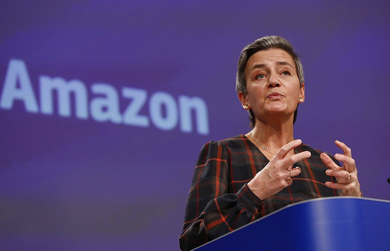 European Executive Vice-President Margrethe Vestager speaks during a press conference regarding an antitrust case with Amazon at EU headquarters in Brussels, Tuesday, Nov. 10, 2020.
