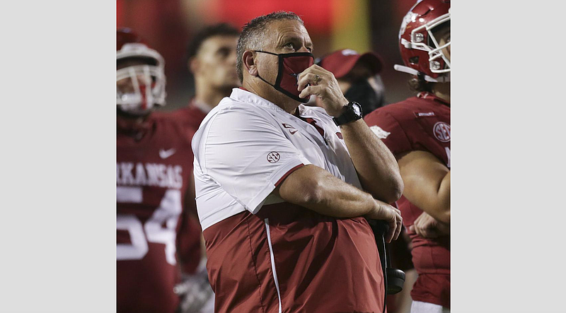 Arkansas Coach Sam Pittman tested positive for covid-19 on Monday but said he doesn’t have symptoms. The Razorbacks will play at Florida on Saturday, and defensive coordinator Barry Odom would serve as interim head coach in Pittman’s absence.
(NWA Democrat-Gazette/Charlie Kaijo)