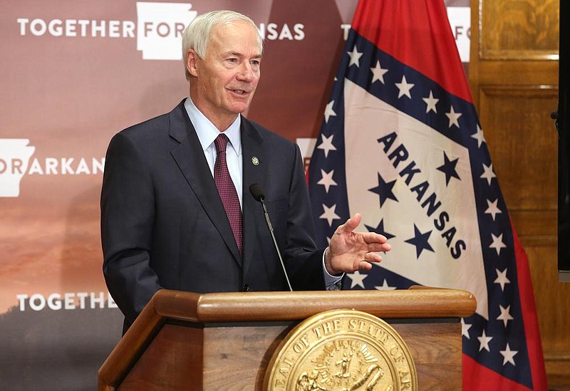 Gov. Asa Hutchinson answers a question during his weekly covid-19 press briefing on Tuesday, Nov. 10, 2020, at the state Capitol in Little Rock.
(Arkansas Democrat-Gazette/Thomas Metthe)