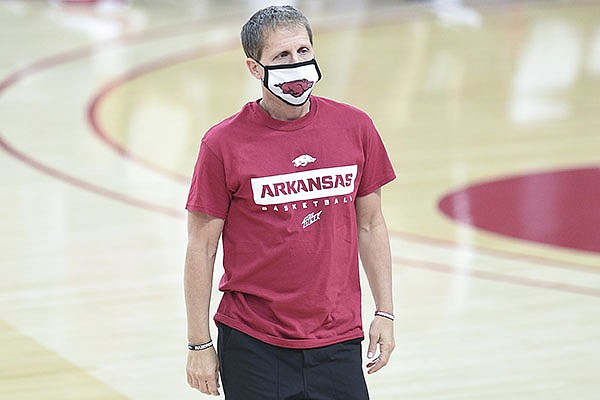 Arkansas basketball coach Eric Musselman is shown during the Razorbacks' Red-White Game on Thursday, Nov. 12, 2020, in Fayetteville. 