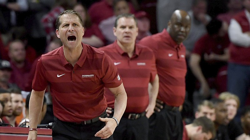 In this file photo, Arkansas coach Eric Musselman reacts on the sidelines against LSU last season. This season, a host of newcomers will have opportunities for second-year coach Musselman.