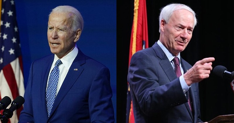 Arkansas Gov. Asa Hutchinson, right, believes President Donald Trump’s legal challenges are unlikely to change the outcome of the presidential election. Former Vice President Joe Biden, left, has been declared the winner.