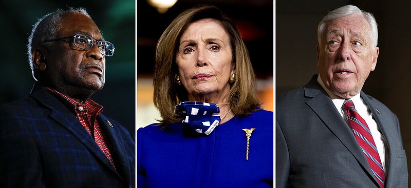 This combination of file photos shows from left, Rep. James Clyburn, D-S.C. on Feb. 29, 2020, in Columbia, S.C., House Speaker Nancy Pelosi of Calif., on July 24, 2020, in Washington and House Majority Leader Steny Hoyer, D-Md., on March 3, 2020, in Washington. 