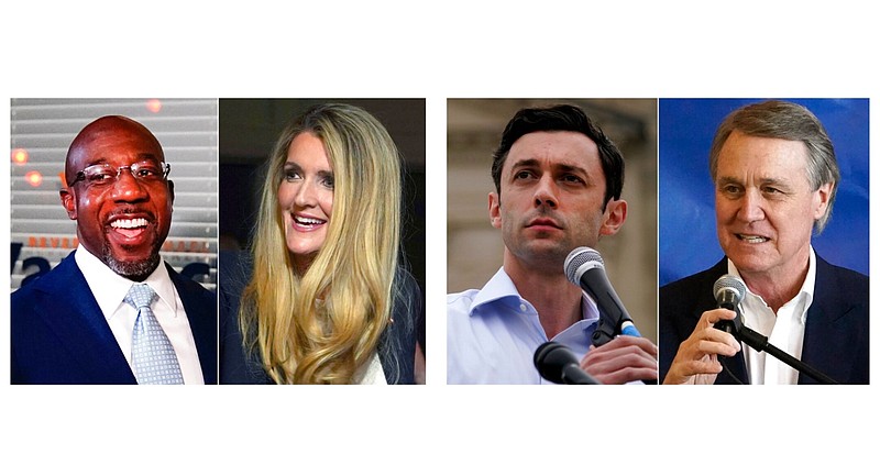 This series of file photos shows (from left) Raphael Warnock, U.S. Sen. Kelly Loeffler, Jon Ossoff, and U.S. Sen. David Perdue. Warnock and Ossoff, both Democrats, are in runoff elections for Senate seats against Loeffler and Perdue, both Republicans.