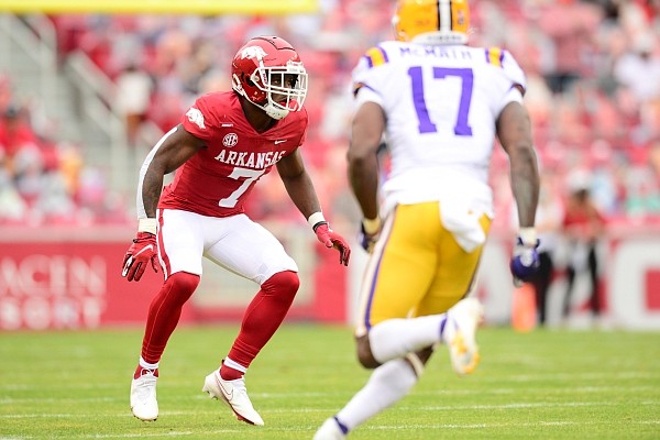 Arkansas defensive back Joe Foucha reads a play during a game against LSU on Nov. 21, 2020, in Fayetteville.