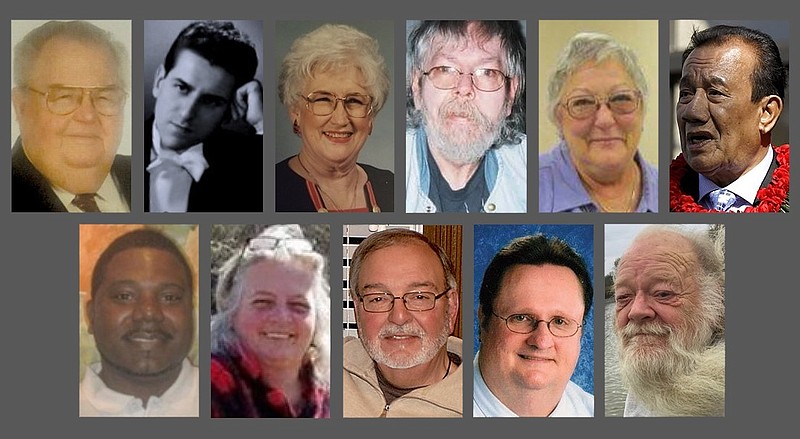 Among the lives lost to the coronavirus in Arkansas in October 2020 were (top row, from left) Pastor George Autrey Dudley, Arno Tourel, Margaret “Jeanne” Cook, Donald Braswell, Barbara Franke, Litokwa Tomeing, (bottom row, from left) Mark Fields, Kimberly Flanery, Richard “Ric” Stripling, Jimmy Hynum and William Harper Jr.