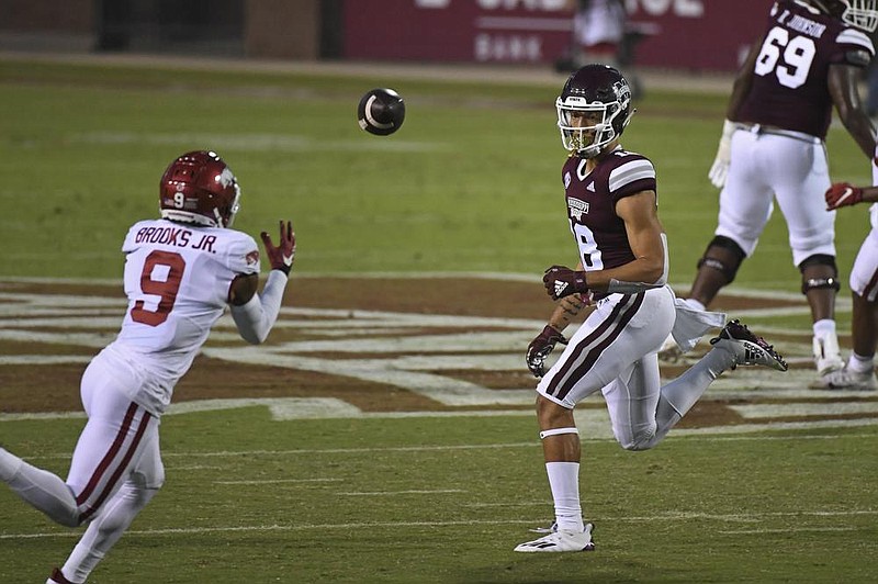 Arkansas defensive back Greg Brooks (9) returned an interception 69 yards for a touchdown earlier this season against Mississippi State, the school he originally committed to before signing with the Razorbacks.
(AP/Thomas Graning)