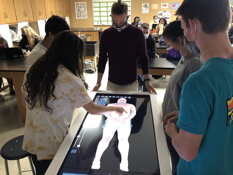 El Dorado High School students in Hinton Foster’s Anatomy and Physiology classes work on their new Anatomage table, which allows them to study the human body’s anatomy up close. (Contributed)