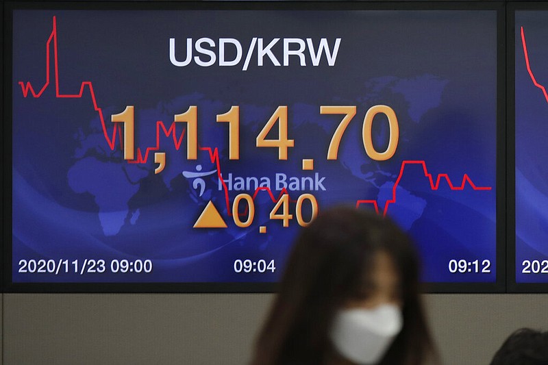 A currency trader walks by a screen showing the foreign exchange rate between U.S. dollar and South Korean won at the foreign exchange dealing room in Seoul, South Korea, Monday, Nov. 23, 2020.
