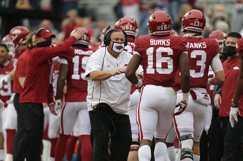 Arkansas head coach Sam Pittman reacts, Saturday, November 21, 2020 during the first quarter of a football game at Donald W. Reynolds Razorback Stadium in Fayetteville. Check out nwaonline.com/201122Daily/ for today's photo gallery. 
(NWA Democrat-Gazette/Charlie Kaijo)