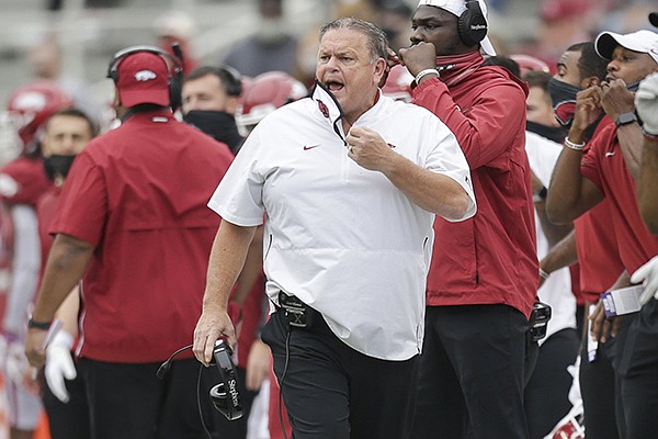Arkansas coach Sam Pittman yells from the sideline during a game against LSU on Saturday, Nov. 21, 2020, in Fayetteville. 