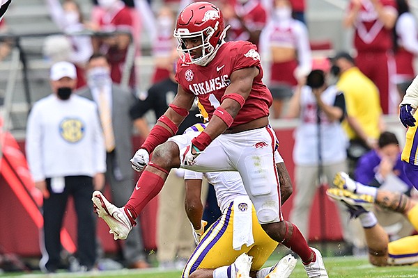 Arkansas safety Jalen Catalon (1) celebrates a tackle during a game against LSU on Saturday, Nov. 21, 2020, in Fayetteville.