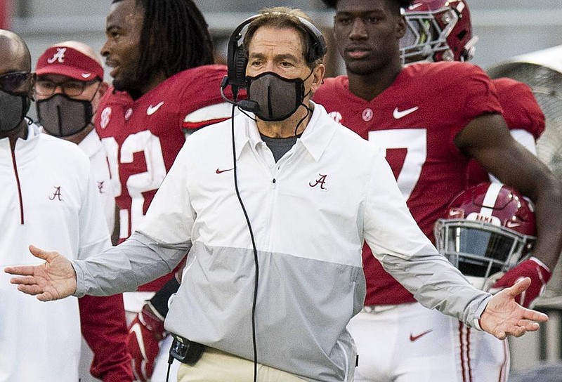 Alabama Coach Nick Saban has tested positive for covid-19 and will not attend the top-ranked Crimson Tide’s game against No. 22 Auburn on Saturday. Offensive coordinator Steve Sarkisian will serve as head coach in his absence.
(AP/The Montgomery Advertiser/Mickey Welsh)