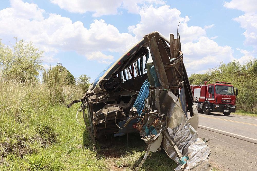 The wreckage of a bus that was carrying employees of a textile company remains on the shoulder of a road Wednesday in the municipality of Taguai, near of Sao Paulo, Brazil.
(AP/Juliano Oliveira)