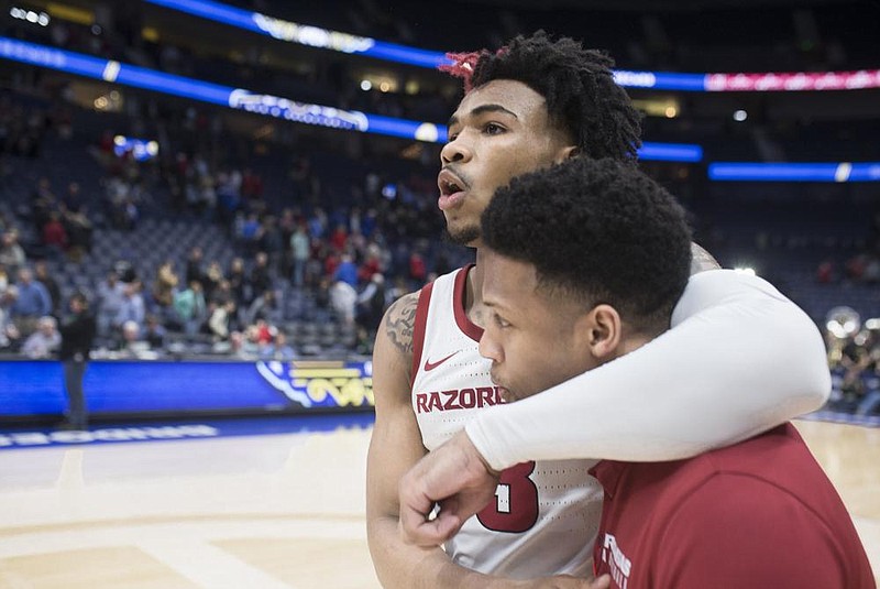 Arkansas guard Desi Sills (3) reacts following a 86-73 win against Vanderbilt, Wednesday, March 11, 2020 at Bridgestone Arena in Nashville, Tenn. Check out http://nwamedia.photoshelter.com/ for todayÕs photo gallery.
(NWA Democrat-Gazette/Charlie Kaijo)