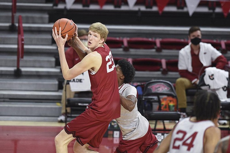 Connor Vanover, shown during the Red-White game earlier this month, said he started feeling 100% healthy about two weeks ago. “My goal was to be as good as I could be for this first game and then continue getting better going forward,” Vanover said.
(NWA Democrat-Gazette/Charlie Kaijo)