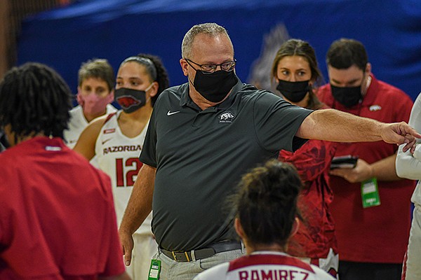 Arkansas coach Mike Neighbors speaks to his team during a timeout of a game against Wake Forest on Friday, Nov. 27, 2020, in Fort Myers, Fla. 