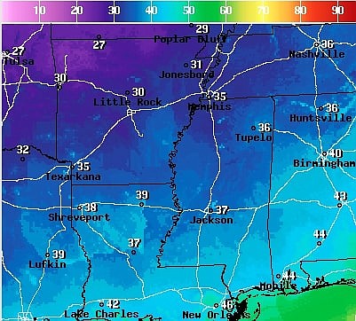A temperature map shows that it will be cold throughout Arkansas and much of the South on Monday. (Contributed)