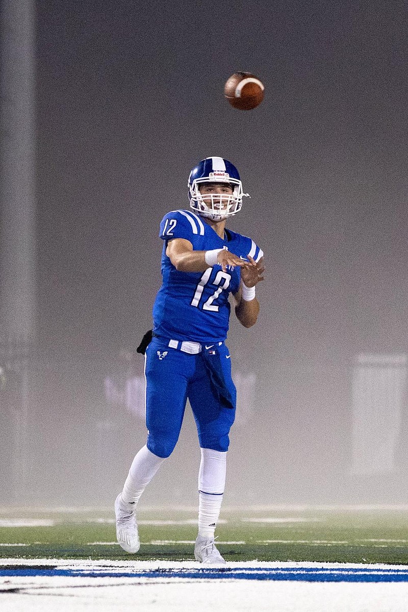 Quarterback Austin Ledbetter and the Bryant Hornets defeated Conway 56-14 in the Class 7A semifinals and will seek their third consecutive state championship when they take on North Little Rock at War Memorial Stadium in Little Rock on Saturday.
(Arkansas Democrat-Gazette/Justin Cunningham)