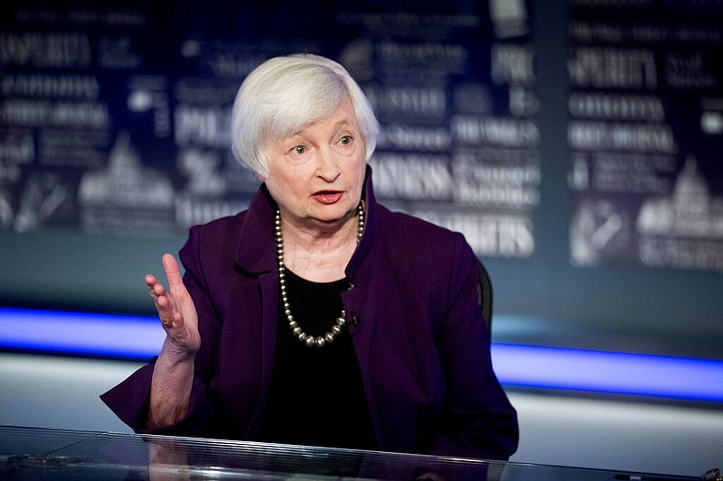 FILE - In this Aug. 14, 2019, file photo former Fed Chair Janet Yellen speaks with FOX Business Network guest anchor Jon Hilsenrath in the Fox Washington bureau in Washington. (AP Photo/Andrew Harnik, File)

