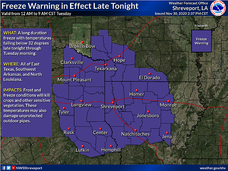 This infographic shows counties and parishes that the National Weather Service has issued a freeze advisory for.