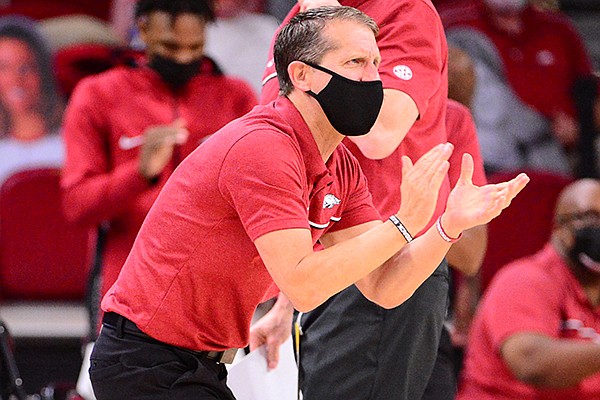 Arkansas coach Eric Musselman is shown during a game against Texas-Arlington on Wednesday, Dec. 2, 2020, in Fayetteville. 