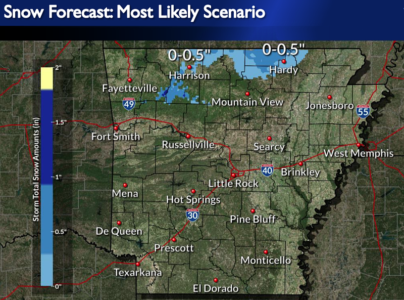 A National Weather Service map shows chance of snowfall in the forecast for parts of northern Arkansas this week.