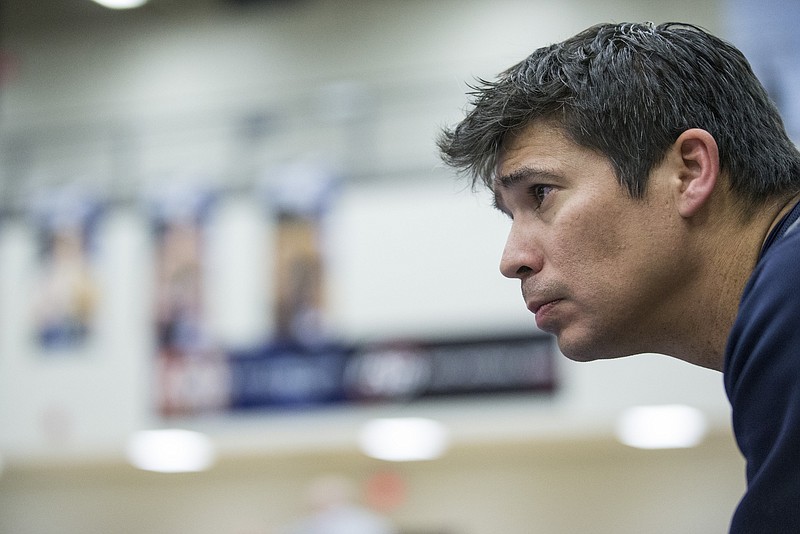 FILE -- Nika West, Springdale Har-Ber head coach, watches a match Saturday, Feb. 15, 2020, during the Big West Conference wrestling tournament at Bentonville West's Wolverine Arena in Centerton. Go to nwaonline.com/photos to see more photos.
(NWA Democrat-Gazette/Ben Goff)