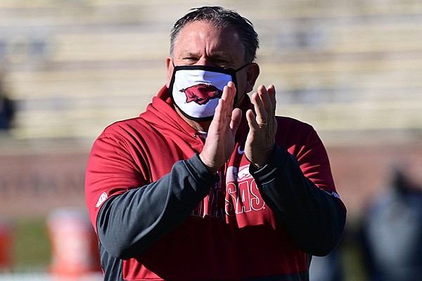 Arkansas coach Sam Pittman is shown during a game against Missouri on Saturday, Dec. 5, 2020, in Columbia, Mo. Arkansas coach Sam Pittman is shown during a game against Missouri on Saturday, Dec. 5, 2020, in Columbia, Mo.