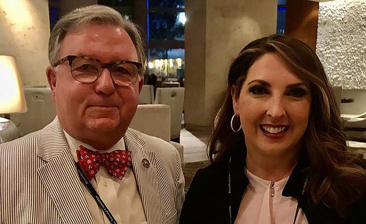 Doyle Webb, longtime Arkansas Republican Party chairman, is shown with Republican National Committee Chairwoman Ronna McDaniel in Charlotte, N.C., the weekend before the GOP National Convention this summer.
(Arkansas Democrat-Gazette/Frank Lockwood)