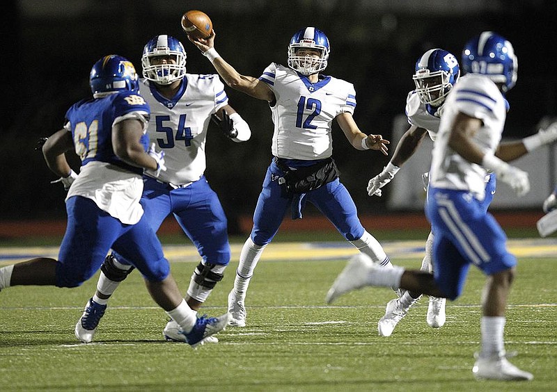 Bryant quarterback Austin Ledbetter (12) threw for 545 yards and 5 touchdowns in the Hornets’ 58-21 victory over North Little Rock on Oct. 30.
(Arkansas Democrat-Gazette/Thomas Metthe)