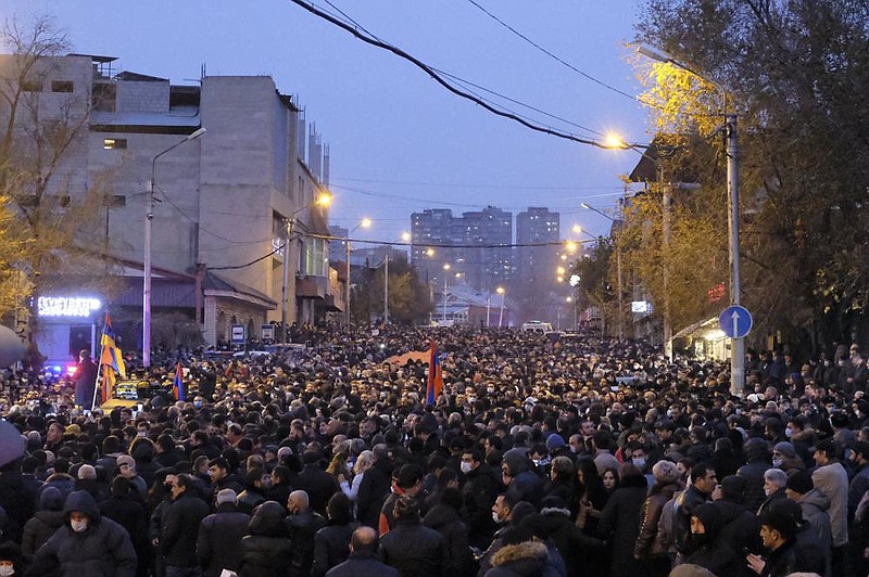 People demonstrate Saturday in Republic Square in Yerevan, Armenia, to pressure Armenian Prime Minister Nikol Pashinyan to resign over a peace deal with neighboring Azerbaijan.
(AP/PAN Photo/Hrant Khachatryan)