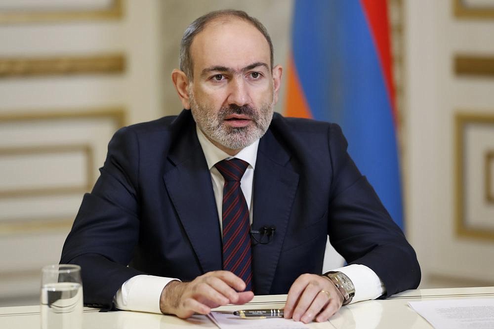 Armenian Prime Minister Nikol Pashinian addresses the nation Saturday in Yerevan, Armenia.
(AP/PAN photo/Tigran Mehrabyan, Armenian Prime Minister Press Service)