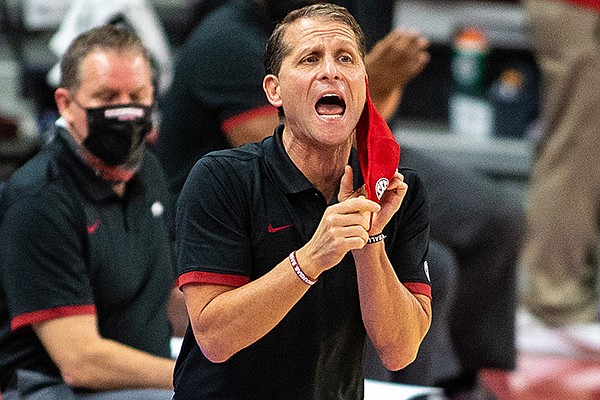 Arkansas coach Eric Musselman yells to his players during a game against Southern on Wednesday, Dec. 9, 2020, in Fayetteville. 