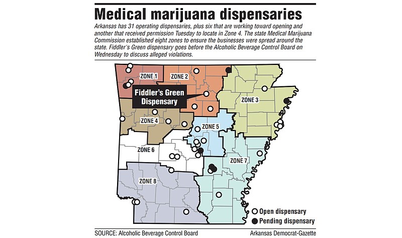 A map of the state's marijuana zones shows the location of Fiddler's Green Dispensary.