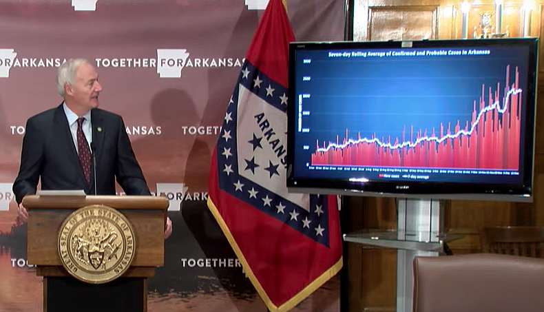 Arkansas Gov. Asa Hutchinson speaks to reporters at the state Capitol in Little Rock on Tuesday in this still of video provided by the governor's office. 