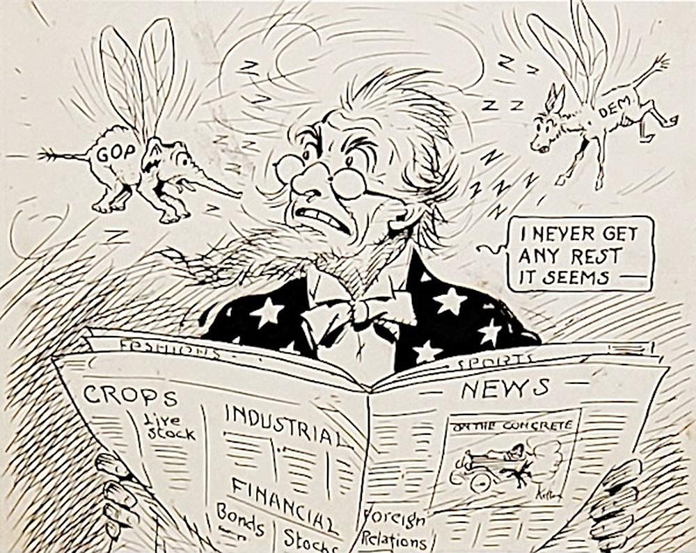 Ray Walters’ “It’s Politics Now” is one of the political cartoons on display in “Ballots & Laughs: Political Cartoons of Ray Walters” at the Arts & Science Center for Southeast Arkansas. (Special to The Commercial)