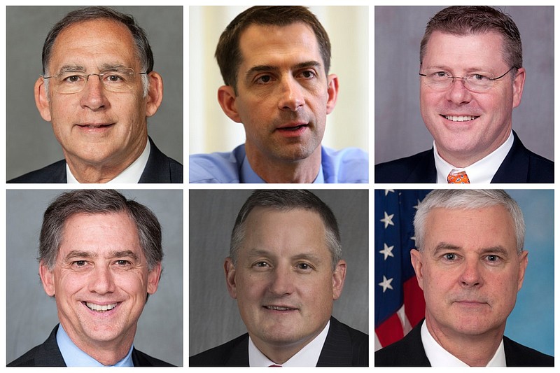 Arkansas' congressional delegation is shown in these file photos. Top row, from left: U.S. Sens. John Boozman, and Tom Cotton and U.S. Rep. Rick Crawford. Bottom row, from left: U.S. Reps. French Hill, Bruce Westerman and Steve Womack.