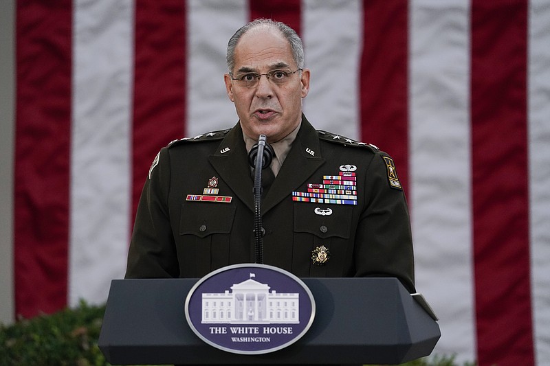 FILE - In this Nov. 13, 2020, file photo Army Gen. Gustave Perna, who is leading Operation Warp Speed, speaks during at an event in the Rose Garden of the White House in Washington. The Army general in charge of getting COVID-19 vaccines across the United States apologized on Saturday, Dec. 19, for “miscommunication” with states over the number of doses to be delivered in the early stages of distribution. "I failed. I'm adjusting. I am fixing and we will move forward from there," Perna told reporters in telephone briefing. (AP Photo/Evan Vucci, File)