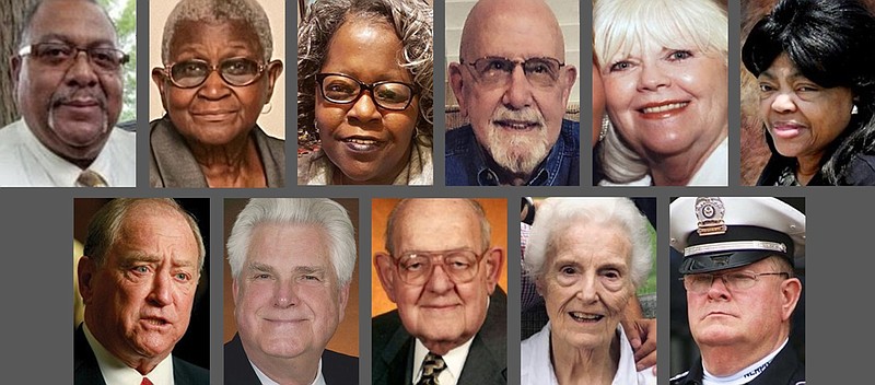 Among the lives lost to the coronavirus in Arkansas in September 2020 were (top row, from left) Julius Phillips, Geraldine Buckingham, Linda Mays, George Yarbrough, Peggy Simpson, Decenda Terry, (bottom row, from left) Charles “Dickie” Richard Kennemore, James Modisette, Walter and Billie Thayer, and Sgt. J.L. “Buck” Dancy.