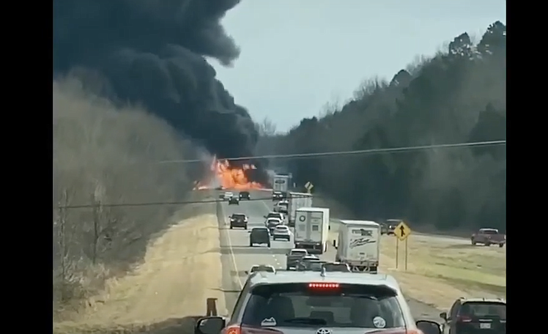 A screenshot from a video shows a fiery crash on I-40 Wednesday. Video courtesy of Aneisha Rush LeMonier
