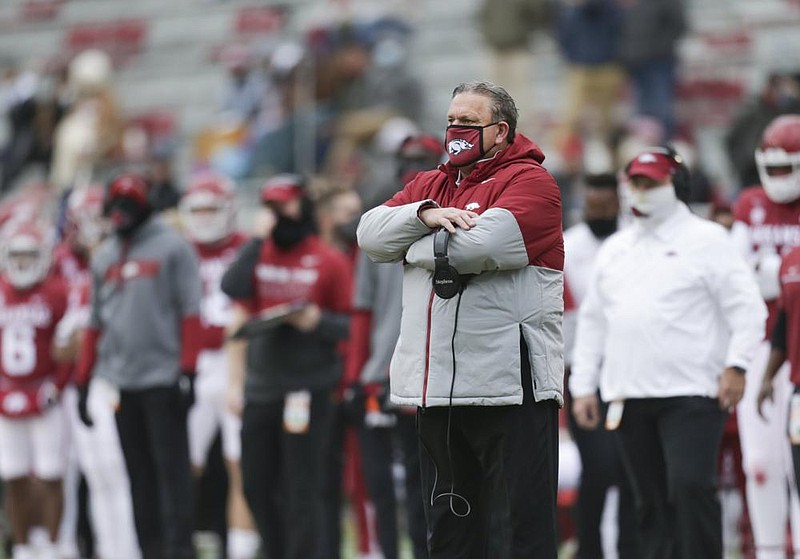 Arkansas head coach Sam Pittman looks on, Saturday, December 12, 2020 during the second quarter of a football game at Donald W. Reynolds Razorback Stadium in Fayetteville. Check out nwaonline.com/201213Daily/ for today's photo gallery.
(NWA Democrat-Gazette/Charlie Kaijo) Arkansas head coach Sam Pittman looks on, Saturday, December 12, 2020 during the second quarter of a football game at Donald W. Reynolds Razorback Stadium in Fayetteville. Check out nwaonline.com/201213Daily/ for today's photo gallery.
(NWA Democrat-Gazette/Charlie Kaijo)