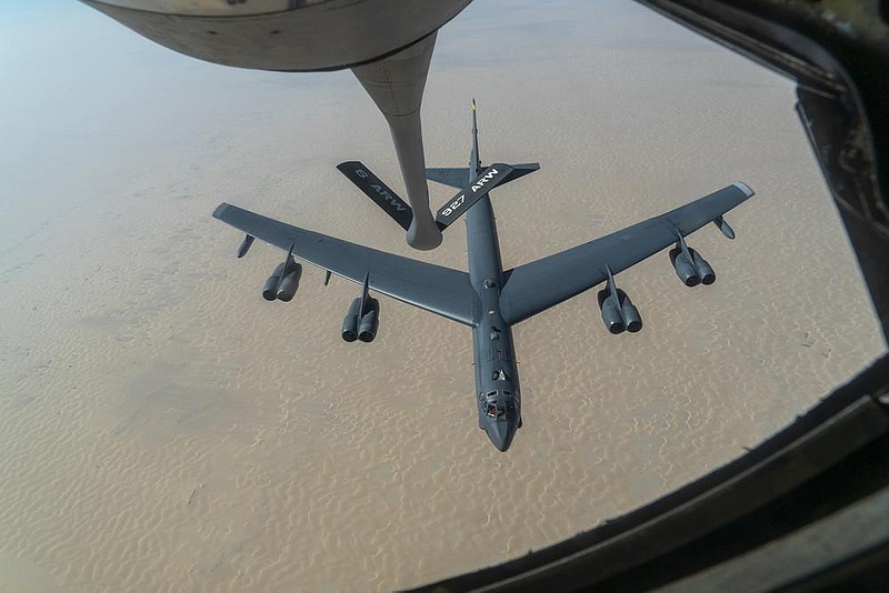 An Air Force B-52H bomber from Minot Air Force Base, N.D., approaches a KC-135 for in-air refueling Wednesday above the Persian Gulf. Two strategic bombers flew over the Persian Gulf on Wednesday for the second time this month in what a senior military officer said was a response to signals that Iran may be planning attacks on U.S.-allied targets in the region.
(AP/U.S. Air Force/Senior Airman Roslyn Ward)