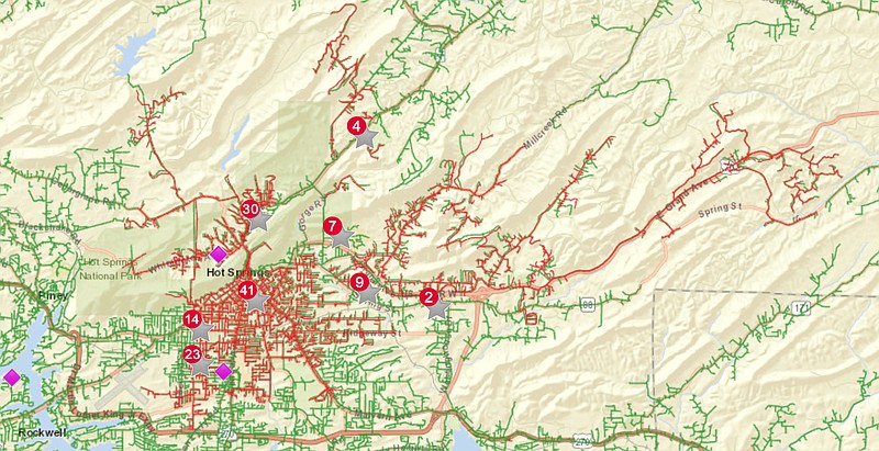 A screen capture of Entergy Arkansas Inc.'s outage website shows areas of Hot Springs affected by Thursday's night's outage. - Photo illustration by Mark Gregory