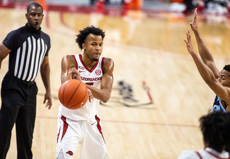 Arkansas guard Moses Moody played a game-high 38 minutes and 23 seconds on Wednesday to help Arkansas defeat Auburn 97-85. Moody, a 6-6 freshman from Little Rock, is averaging 30.8 minutes per game.
(Special to the NWA Democrat-Gazette/David Beach)