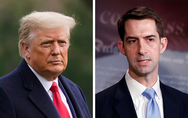 President Donald Trump (left) and U.S. Sen. Tom Cotton (right) are shown in file photos.